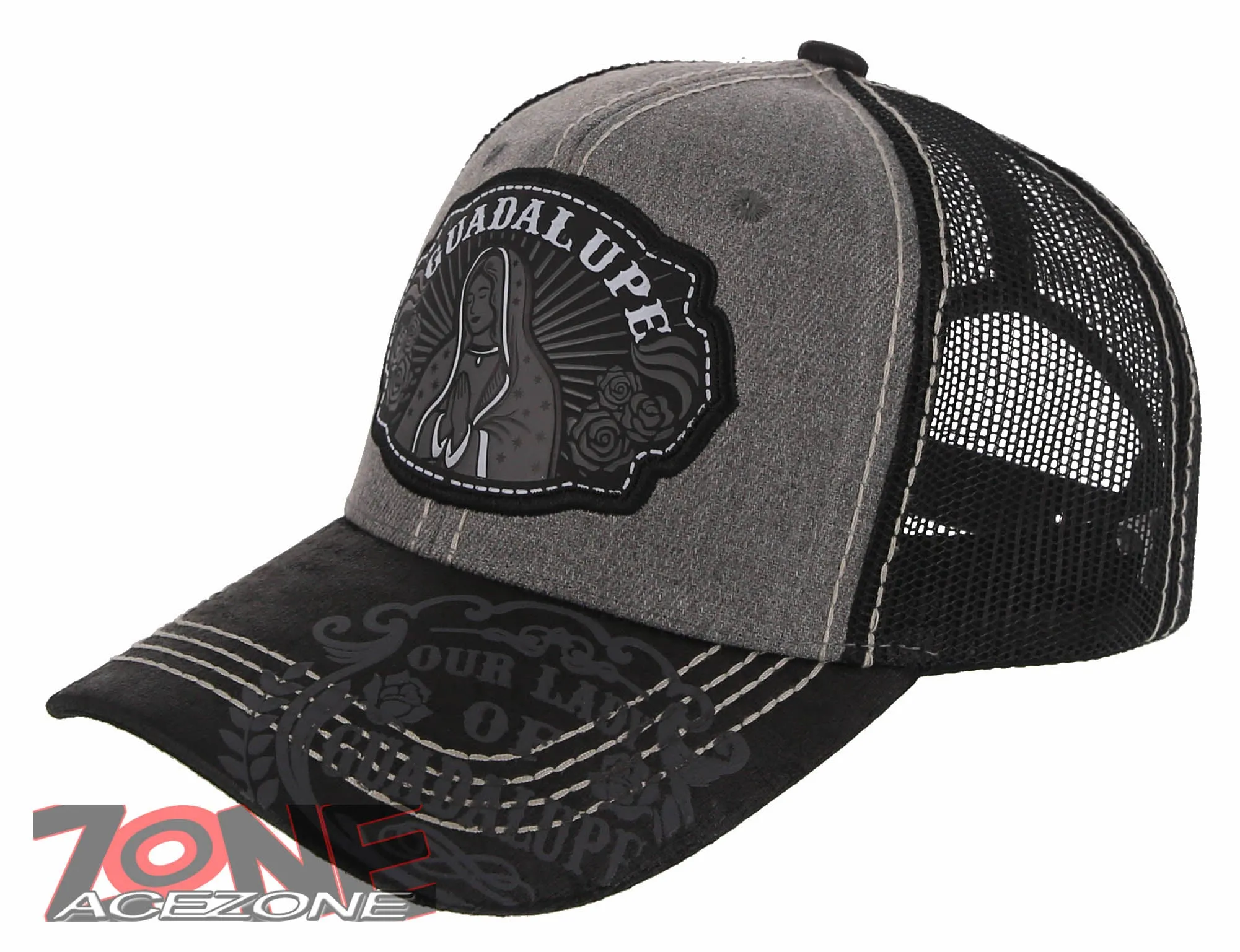 NEW! OUR LADY OF GUADALUPE CATHOLIC MEXICAN TRUCKER BASEBALL CAP HAT GRAY BLACK