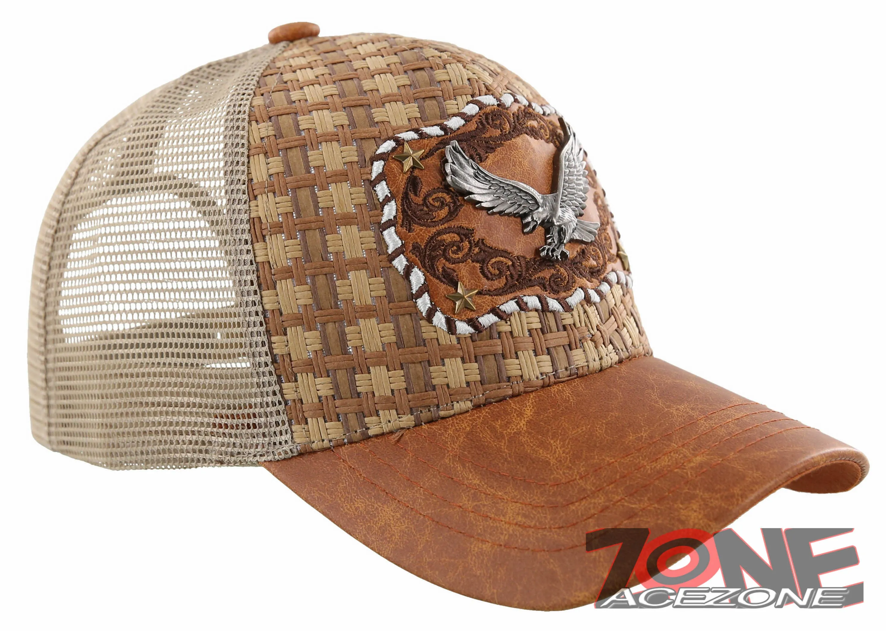 NEW! STRAW MESH METAL EAGLE FAUX LEATHER BALL CAP HAT TAN