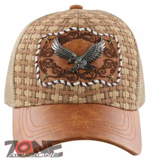 NEW! STRAW MESH METAL EAGLE FAUX LEATHER BALL CAP HAT TAN