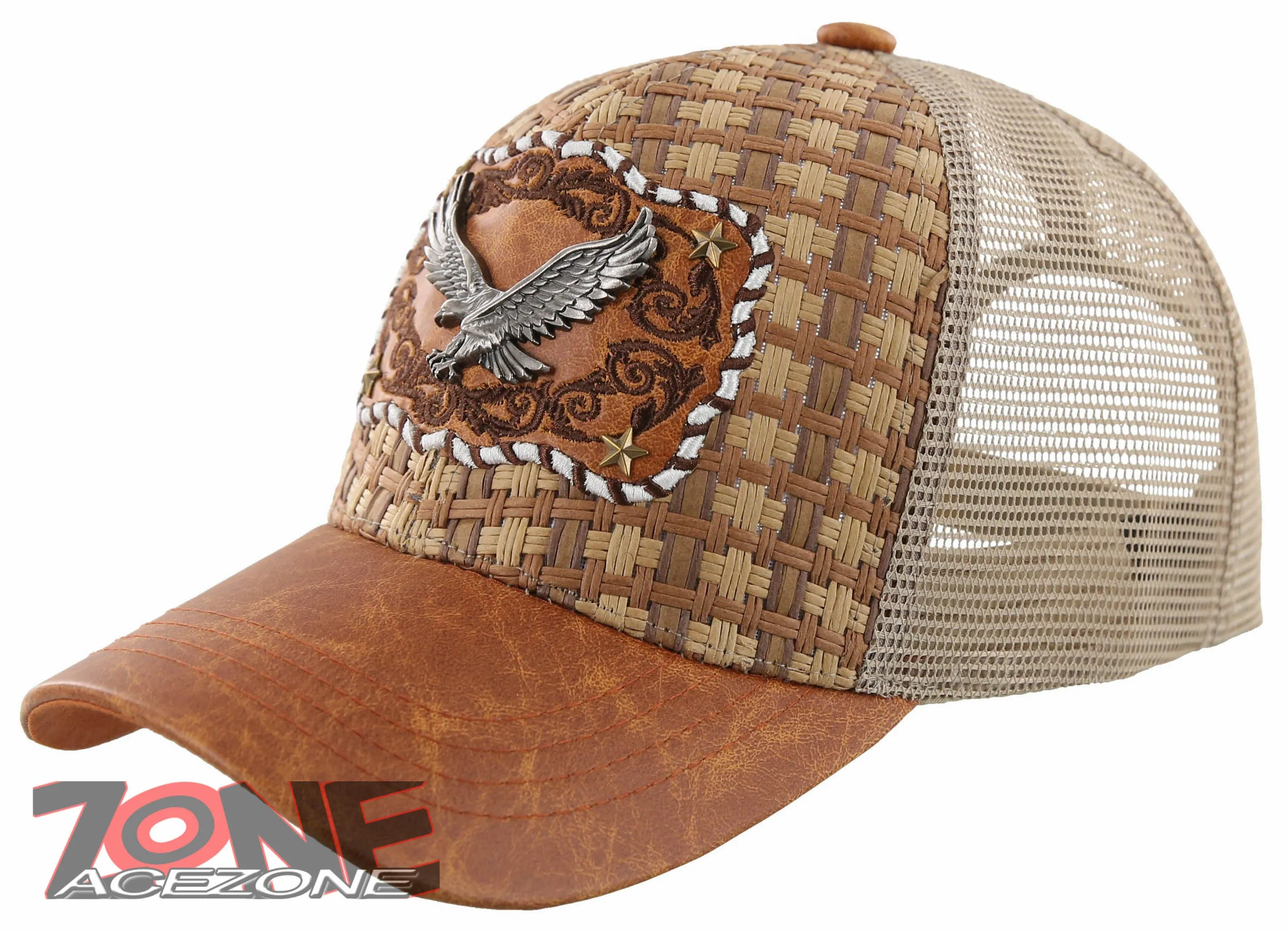 NEW! STRAW MESH METAL EAGLE FAUX LEATHER BALL CAP HAT TAN