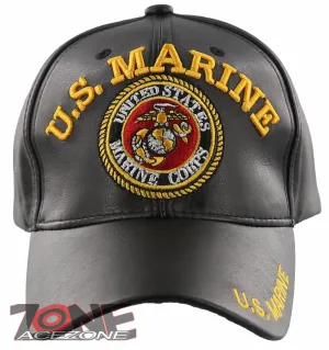 NEW! US MARINE CORPS USMC BIG FAUX LEATHER BALL CAP HAT BLACK