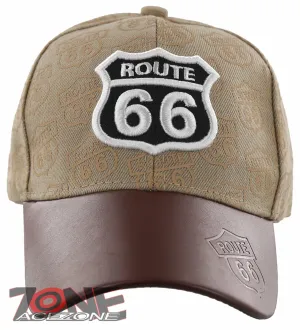 NEW! US ROUTE 66 THE MOTHER ROAD USA FAUX LEATHER BALL CAP HAT TAN