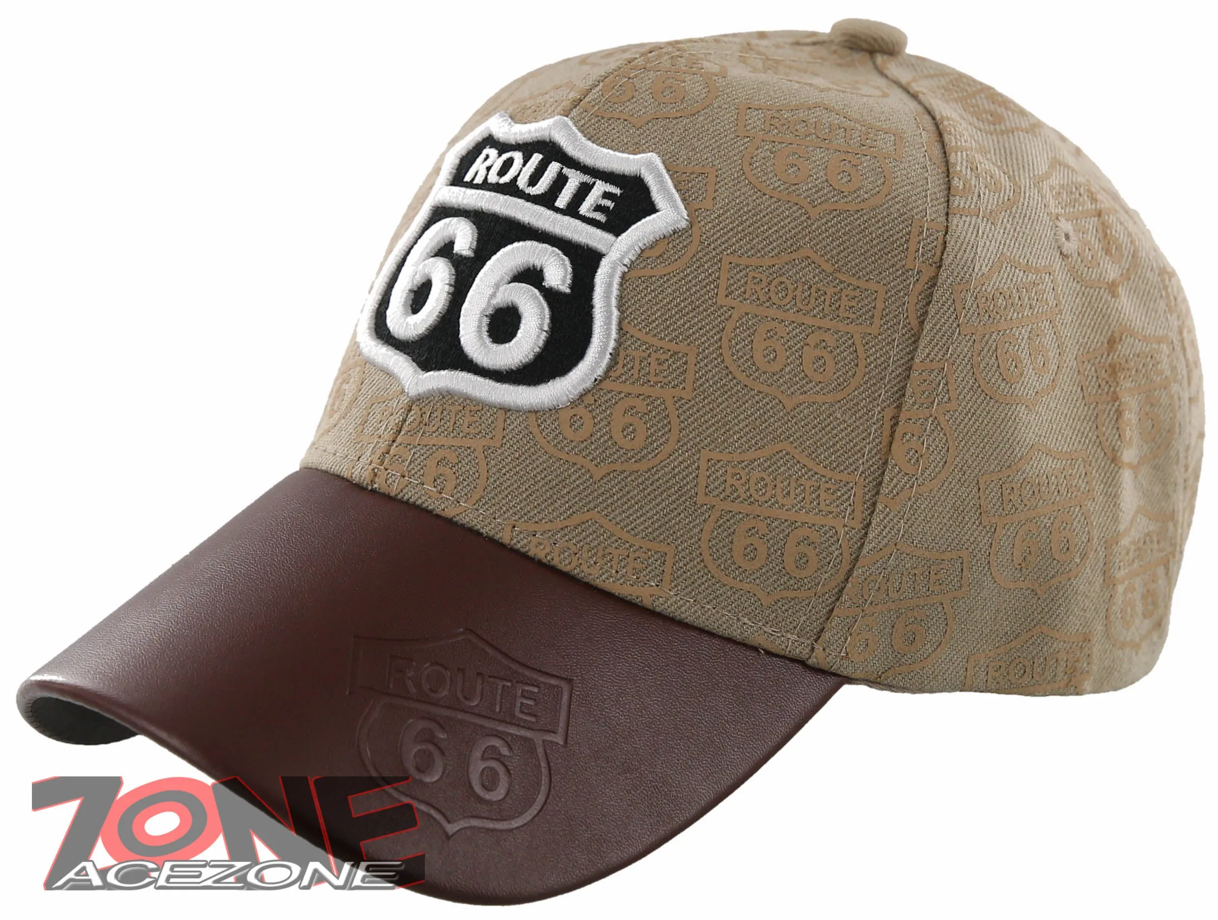 NEW! US ROUTE 66 THE MOTHER ROAD USA FAUX LEATHER BALL CAP HAT TAN