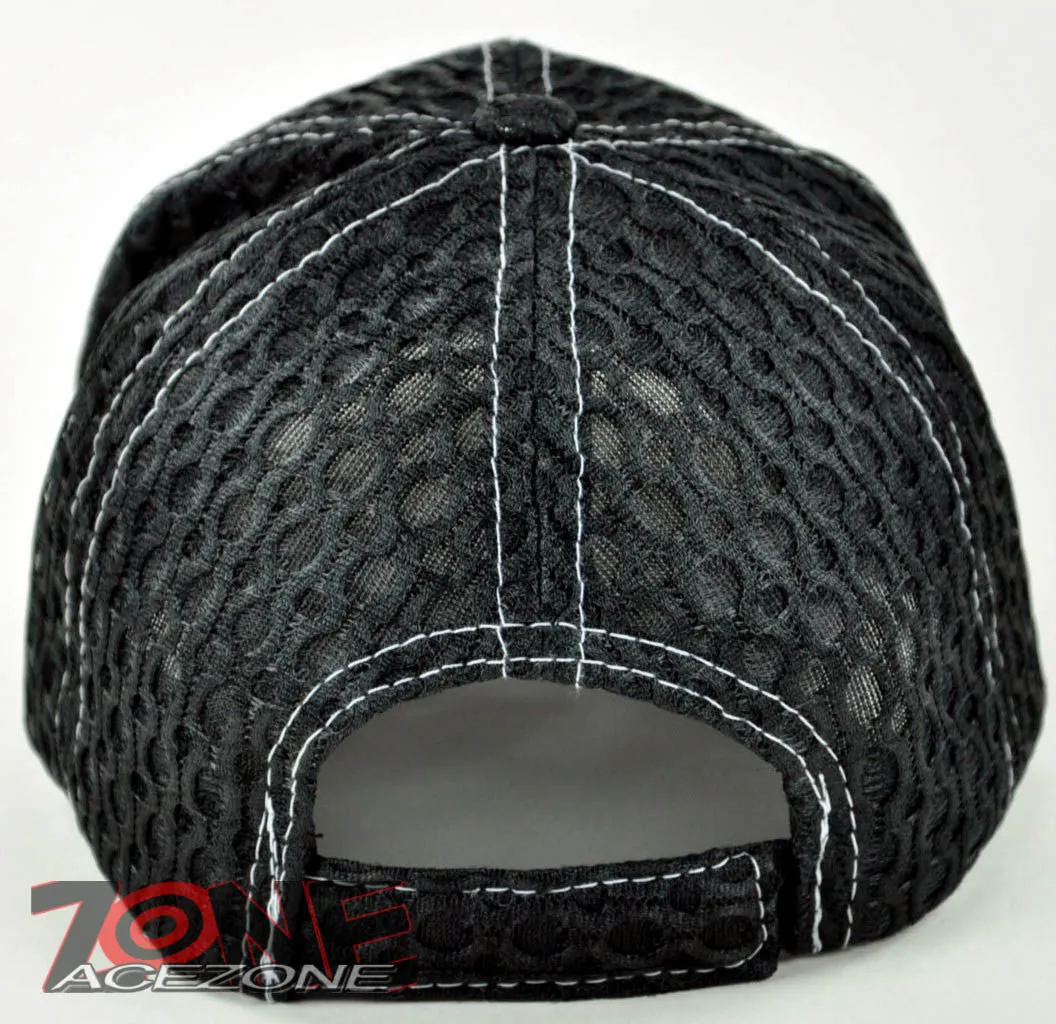 NEW! W/LEATHER MESH EAGLE USA FLAG MILITARY CAP HAT BLACK