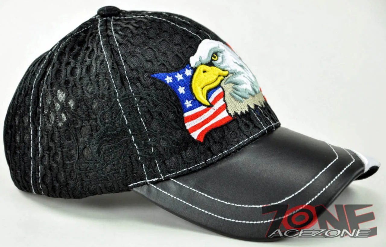 NEW! W/LEATHER MESH EAGLE USA FLAG MILITARY CAP HAT BLACK