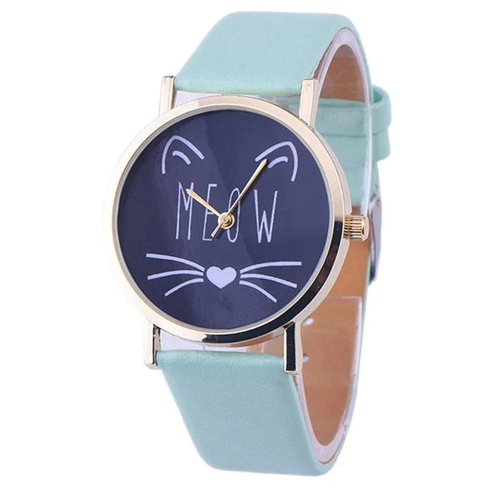 Newly Design Cute Meow Cat Face Watch Leopard PU Leather