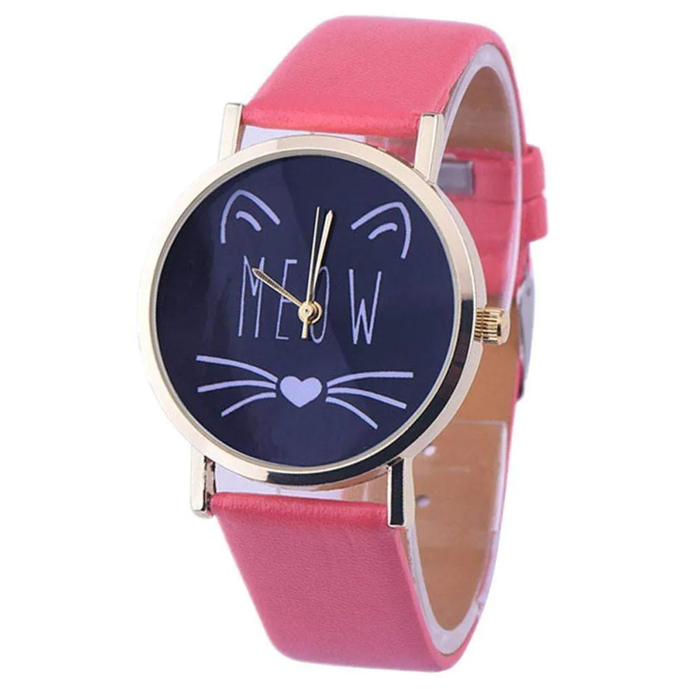 Newly Design Cute Meow Cat Face Watch Leopard PU Leather