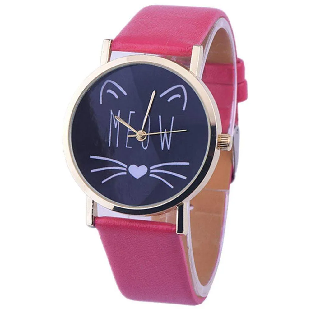 Newly Design Cute Meow Cat Face Watch Leopard PU Leather