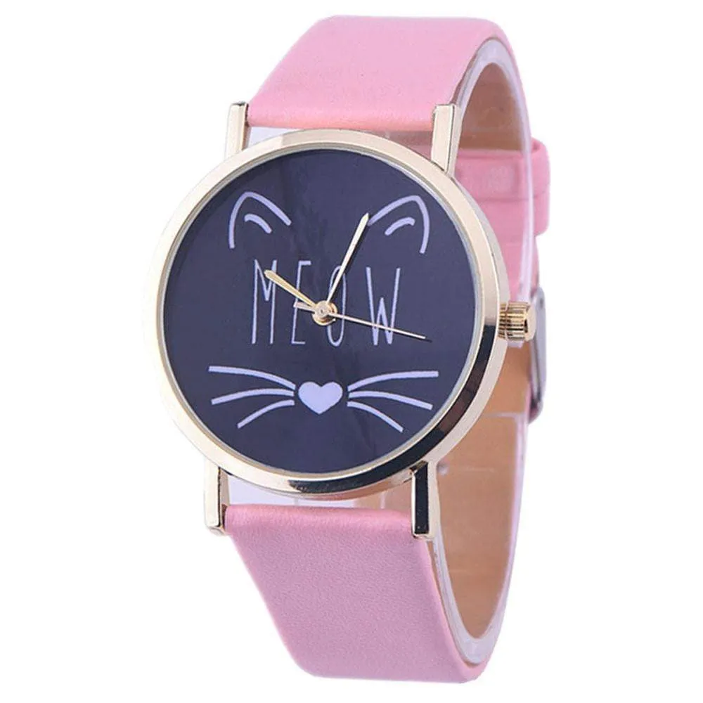 Newly Design Cute Meow Cat Face Watch Leopard PU Leather