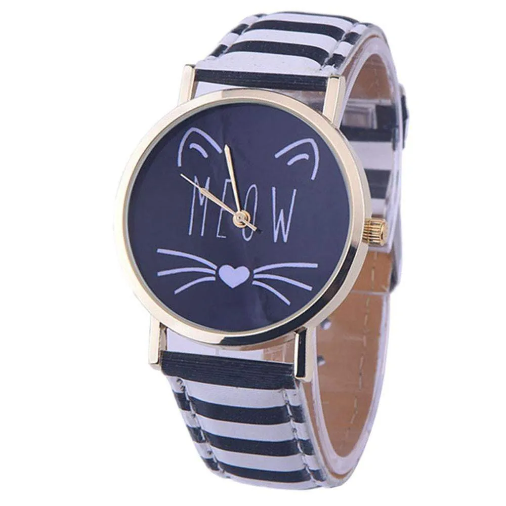 Newly Design Cute Meow Cat Face Watch Leopard PU Leather