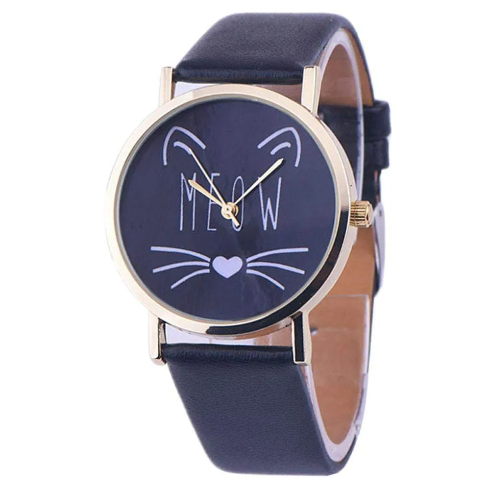 Newly Design Cute Meow Cat Face Watch Leopard PU Leather