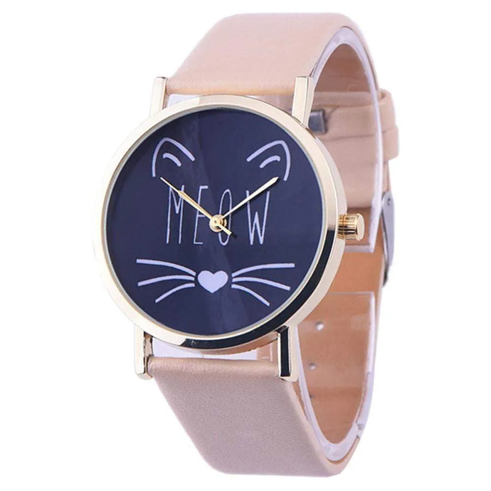 Newly Design Cute Meow Cat Face Watch Leopard PU Leather