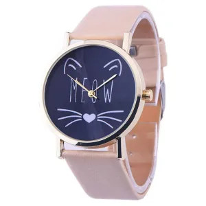Newly Design Cute Meow Cat Face Watch Leopard PU Leather