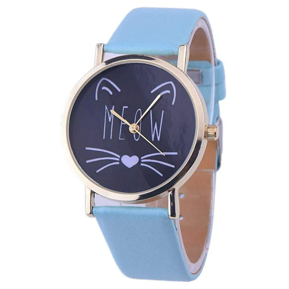 Newly Design Cute Meow Cat Face Watch Leopard PU Leather