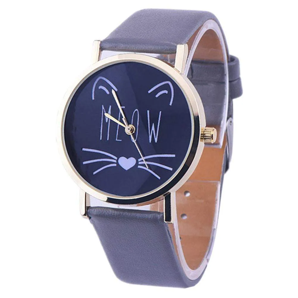 Newly Design Cute Meow Cat Face Watch Leopard PU Leather