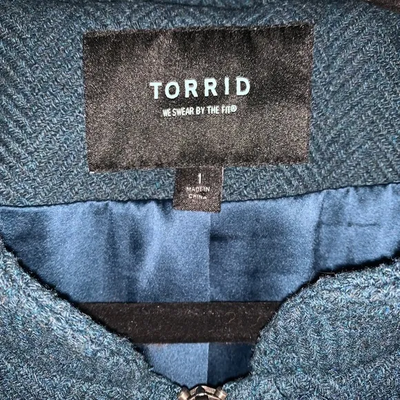 NWOT Torrid Military Zip-Front Coat, Teal and Black, women’s size 1 (14/16)