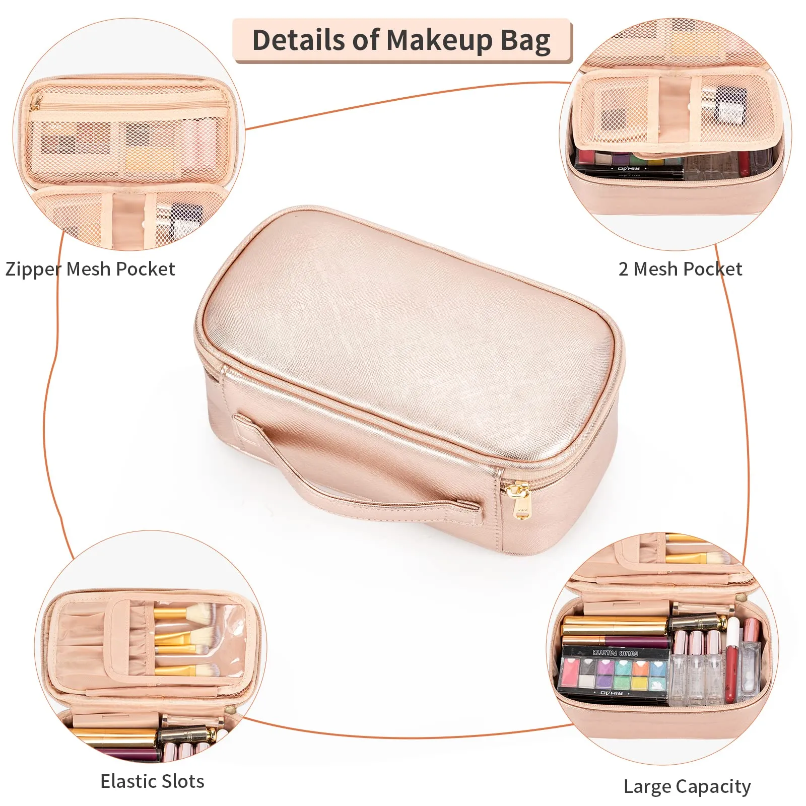 OCHEAL Small Cosmetic Bag,Portable Cute Travel Makeup Bag for Women and girls Makeup Brush Organizer cosmetics Pouch Bags -Rose Gold