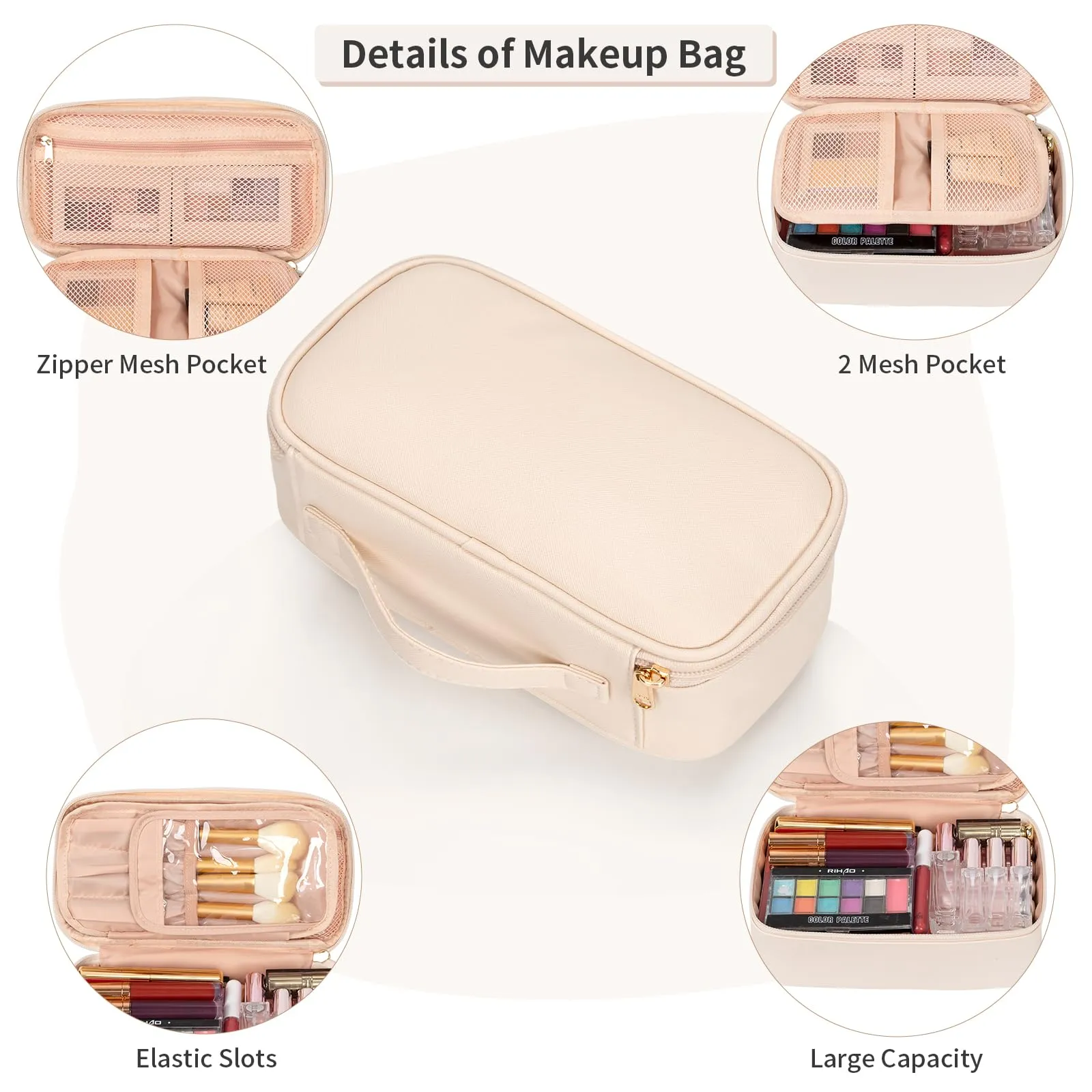 OCHEAL Small Makeup Bag,Portable Cute Travel Makeup Bag Pouch for Women Girls Makeup Brush Organizer Cosmetics Bags with Compartment-Beige