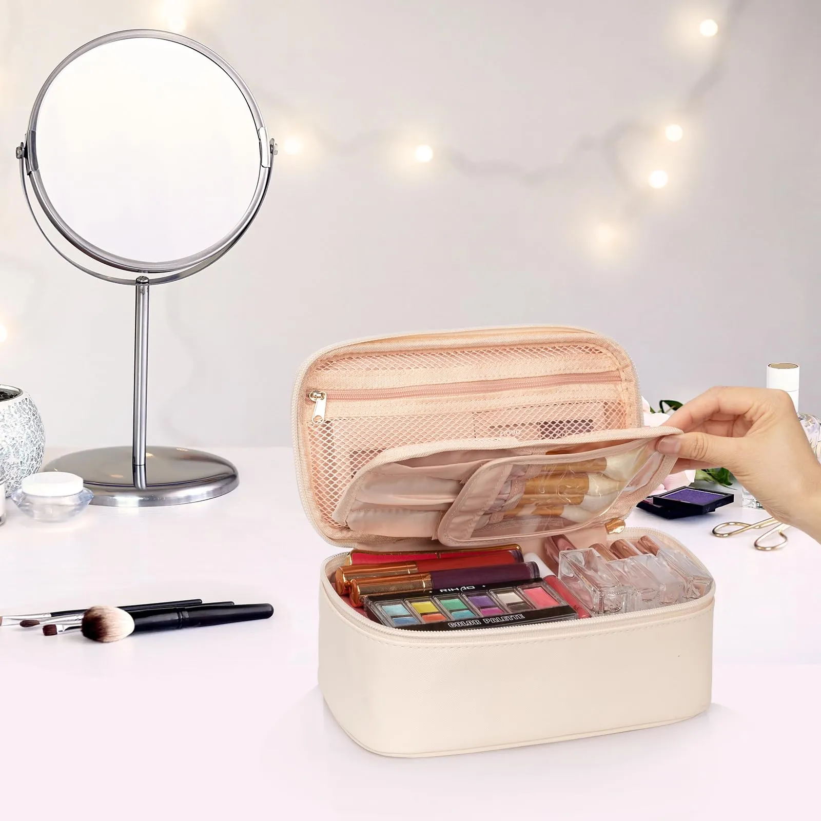 OCHEAL Small Makeup Bag,Portable Cute Travel Makeup Bag Pouch for Women Girls Makeup Brush Organizer Cosmetics Bags with Compartment-Beige