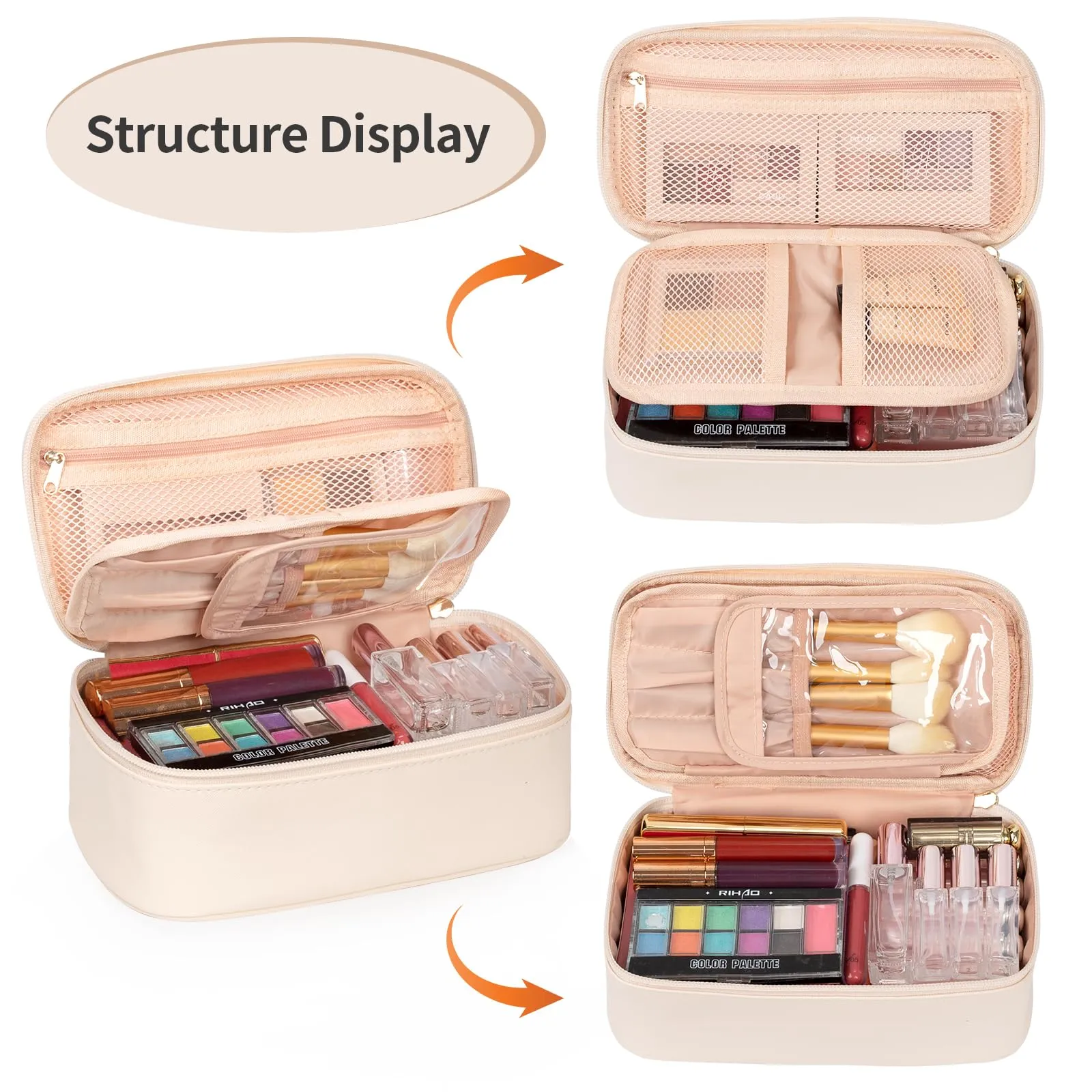 OCHEAL Small Makeup Bag,Portable Cute Travel Makeup Bag Pouch for Women Girls Makeup Brush Organizer Cosmetics Bags with Compartment-Beige