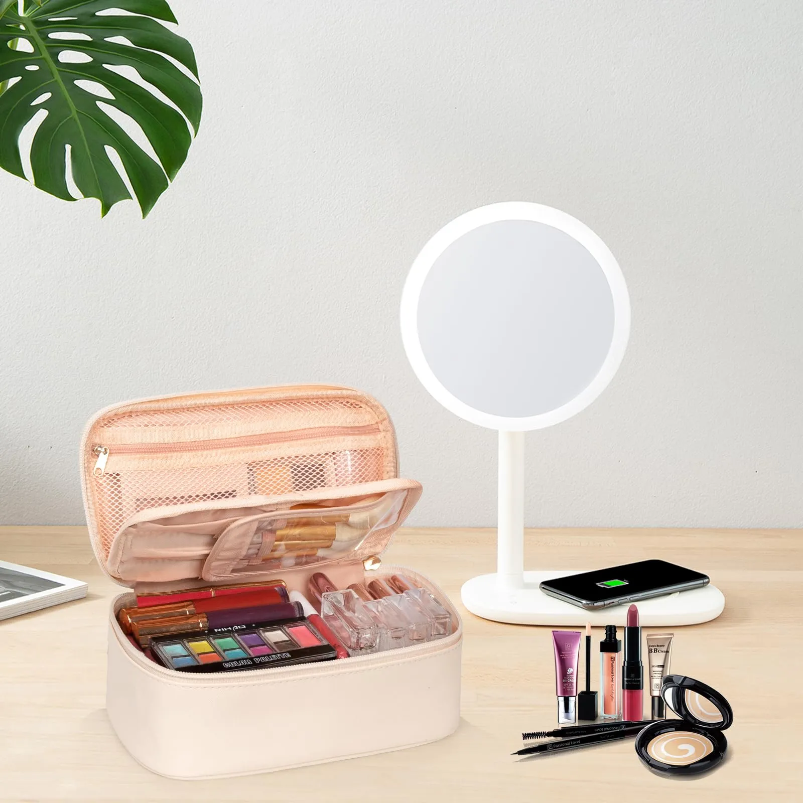 OCHEAL Small Makeup Bag,Portable Cute Travel Makeup Bag Pouch for Women Girls Makeup Brush Organizer Cosmetics Bags with Compartment-Beige