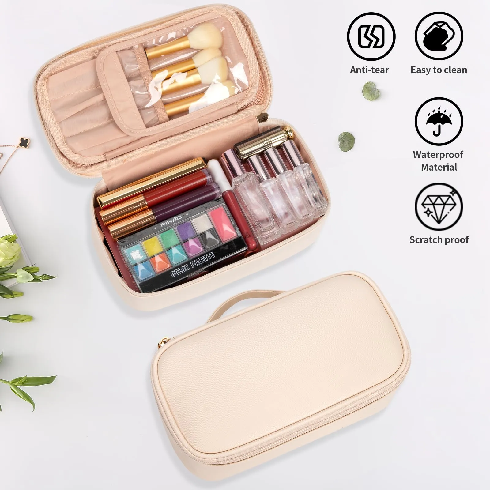 OCHEAL Small Makeup Bag,Portable Cute Travel Makeup Bag Pouch for Women Girls Makeup Brush Organizer Cosmetics Bags with Compartment-Beige