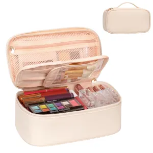 OCHEAL Small Makeup Bag,Portable Cute Travel Makeup Bag Pouch for Women Girls Makeup Brush Organizer Cosmetics Bags with Compartment-Beige