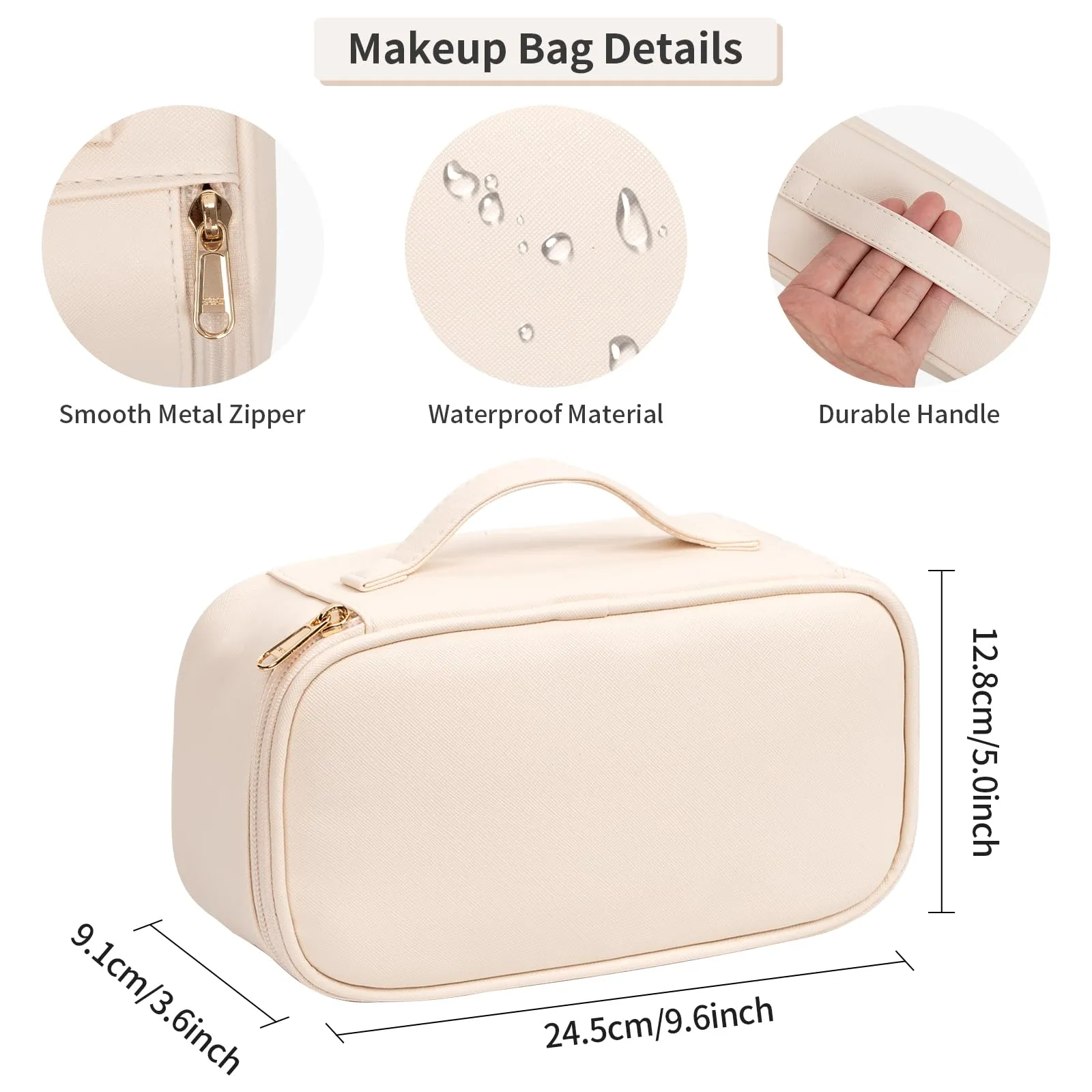 OCHEAL Small Makeup Bag,Portable Cute Travel Makeup Bag Pouch for Women Girls Makeup Brush Organizer Cosmetics Bags with Compartment-Beige