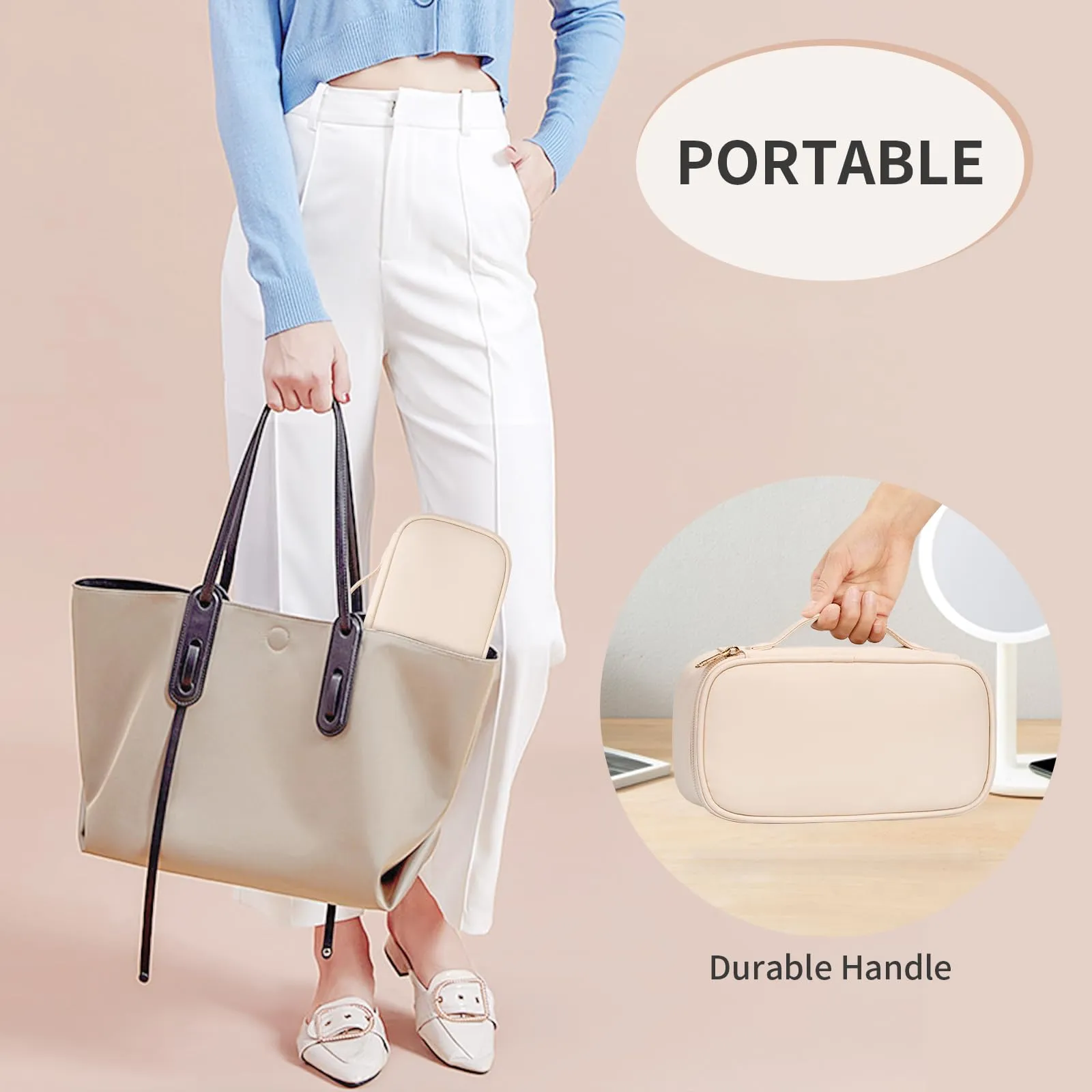 OCHEAL Small Makeup Bag,Portable Cute Travel Makeup Bag Pouch for Women Girls Makeup Brush Organizer Cosmetics Bags with Compartment-Beige