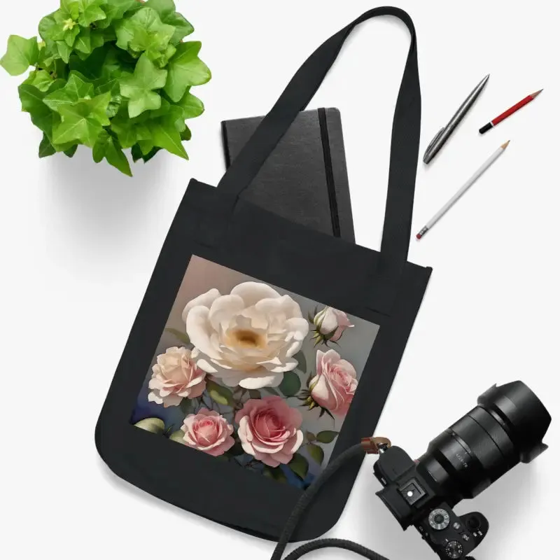 Organic Canvas Tote Bag with Rose Flowers