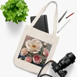 Organic Canvas Tote Bag with Rose Flowers
