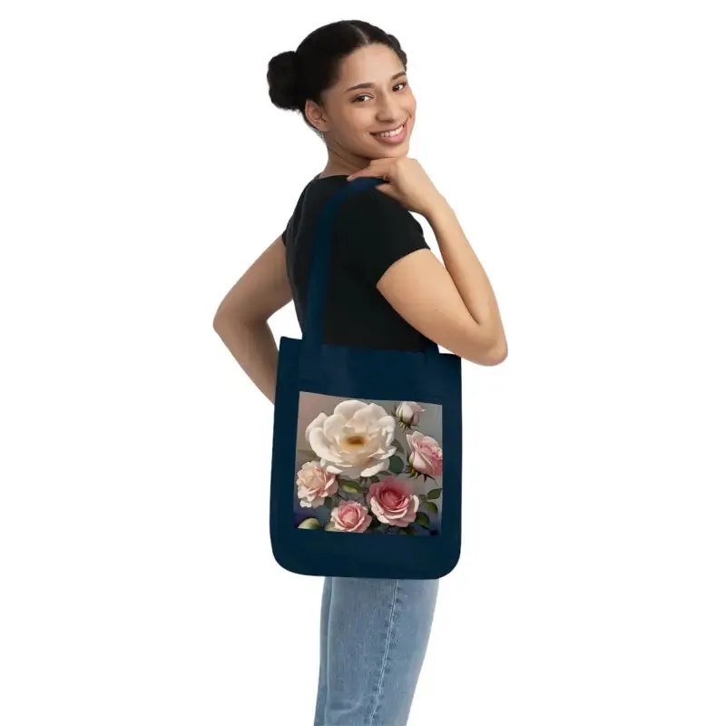 Organic Canvas Tote Bag with Rose Flowers