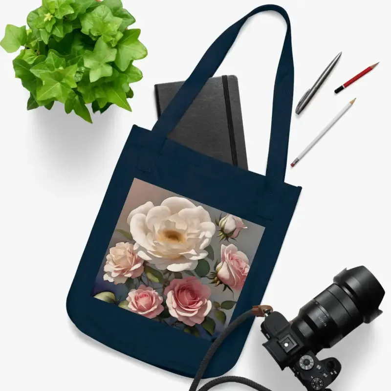 Organic Canvas Tote Bag with Rose Flowers