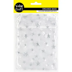 ORGANZA BAG 17X12.5CM SILVER STAR 3PC