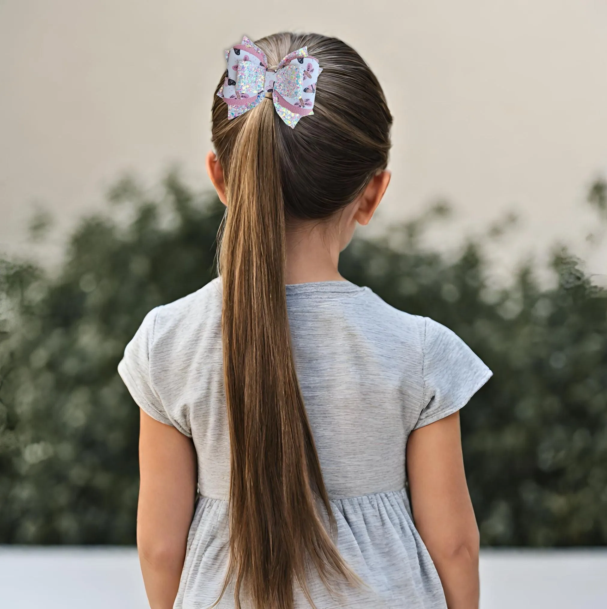 Pink Butterfly Leather Glitter Hair Bow