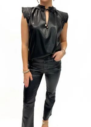 Pleated Detail Leather Top - Black