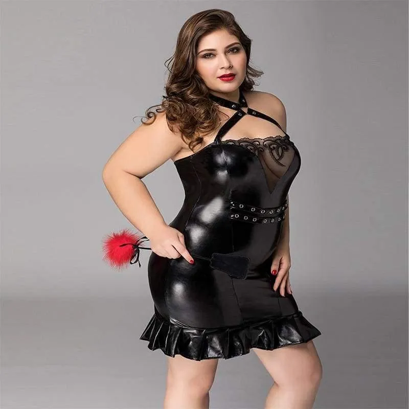 Plus Size Fetish Nightwear - PU Leather Latex Waist Dress With Halter Sexy Lingerie Set XXL