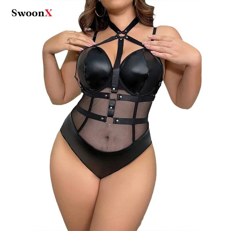 Plus Size Sexy Fishnet Bodysuit - Black PU Lingerie for Curves