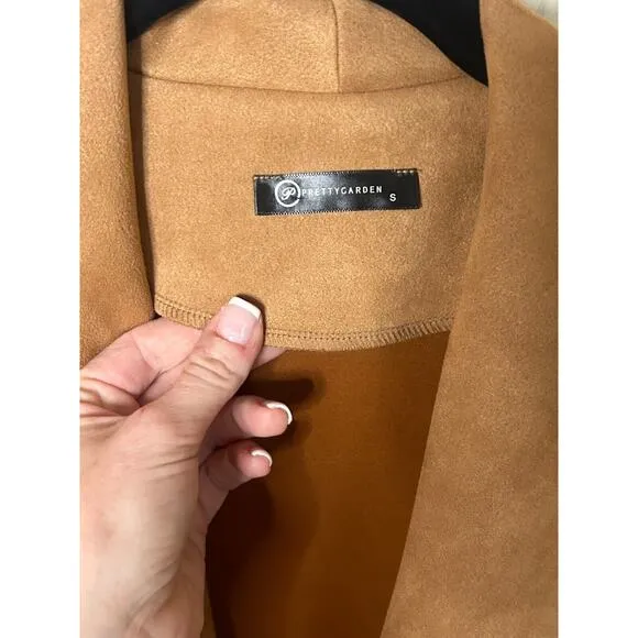 Pretty Garden Faux Suede Brown Open Front Long Sleeve Jacket Size Small