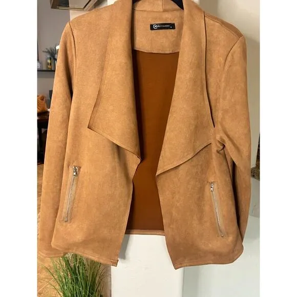 Pretty Garden Faux Suede Brown Open Front Long Sleeve Jacket Size Small