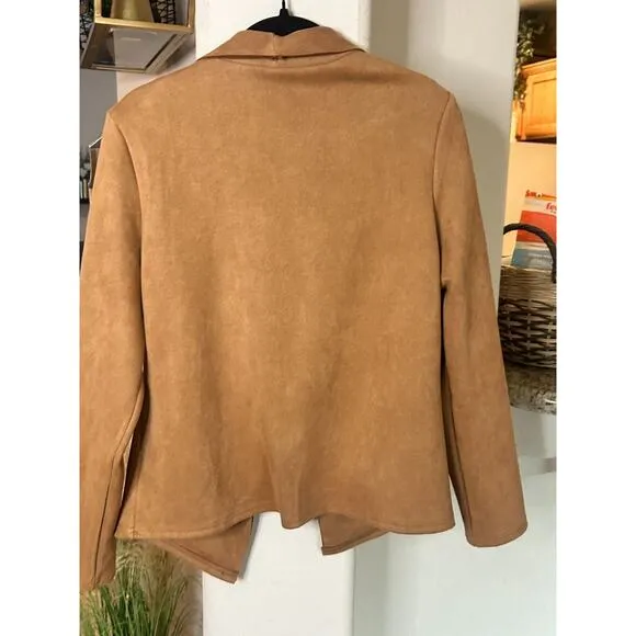 Pretty Garden Faux Suede Brown Open Front Long Sleeve Jacket Size Small