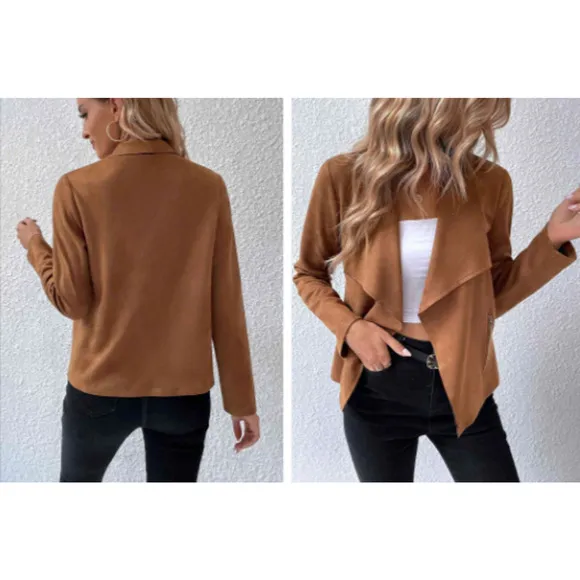 Pretty Garden Faux Suede Brown Open Front Long Sleeve Jacket Size Small