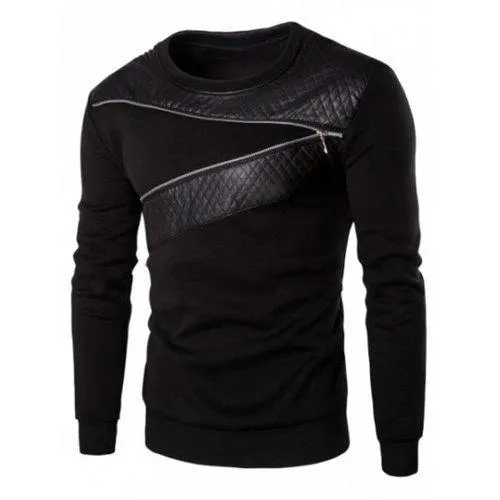 PU Leather Panel Zipper Design Sweatshirt - Black 3xl