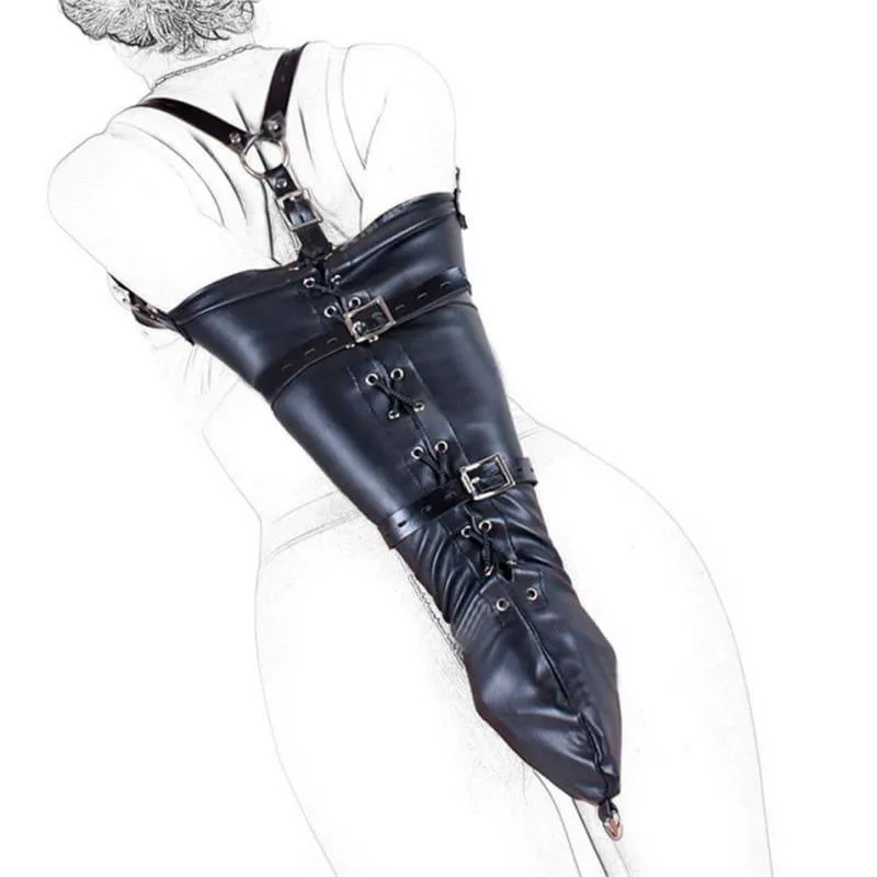 "Absolute" - PU Leather Over-Shoulder Adjustable Arm Binder Bondage Restraints Slave Lockable Glove Sleeves Armbinder Harness