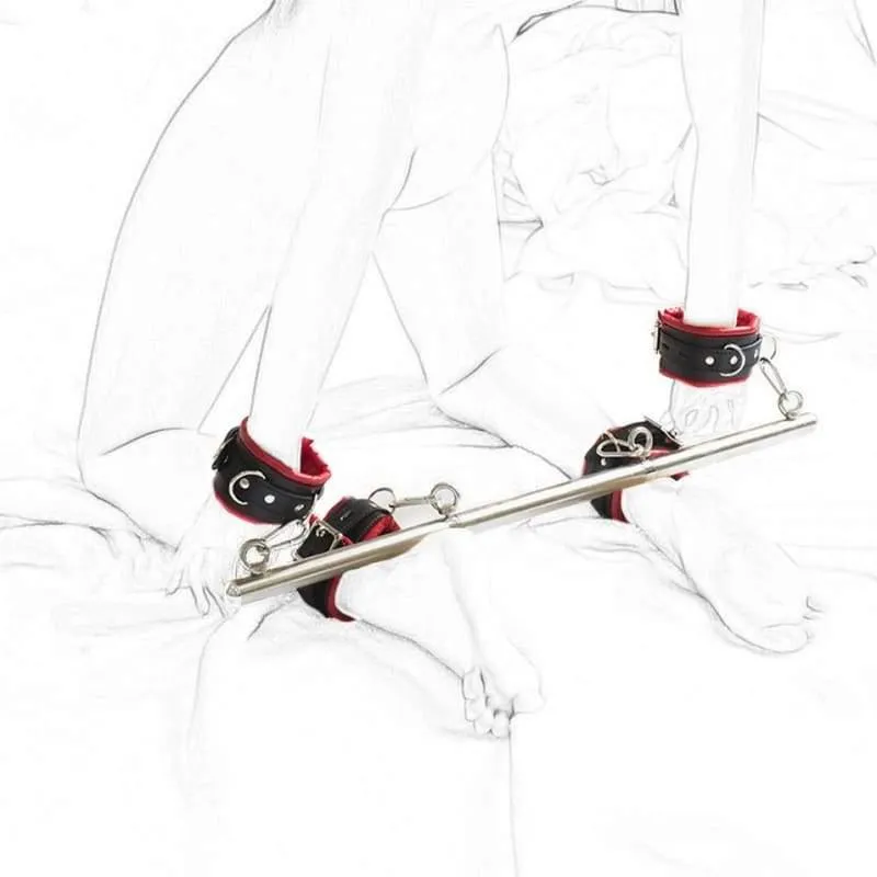"Behaved" - Stainless Steel Restrict Bar Bondage Set Adjustable Soft Leather Padded Sex Slave Handcuffs Ankle Cuffs ST8