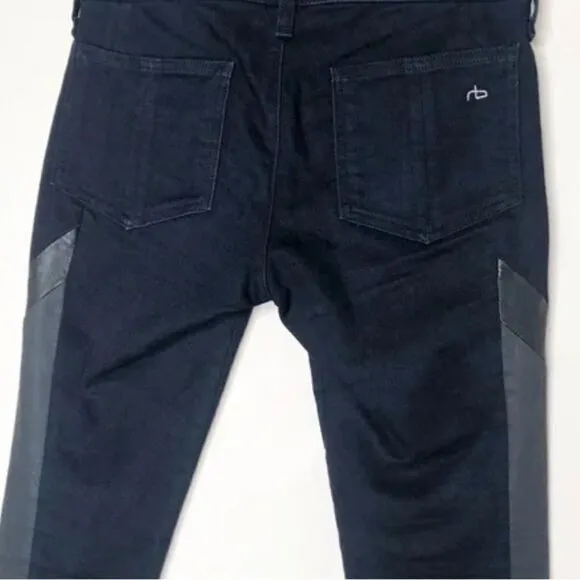 Rag &amp; Bone Grand Prix Motocross Skinny Jean Leather Trim Dark Indigo Size: 29