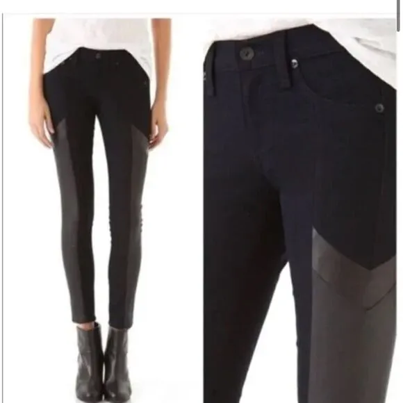 Rag &amp; Bone Grand Prix Motocross Skinny Jean Leather Trim Dark Indigo Size: 29