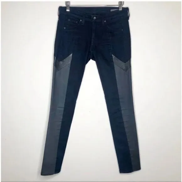 Rag &amp; Bone Grand Prix Motocross Skinny Jean Leather Trim Dark Indigo Size: 29