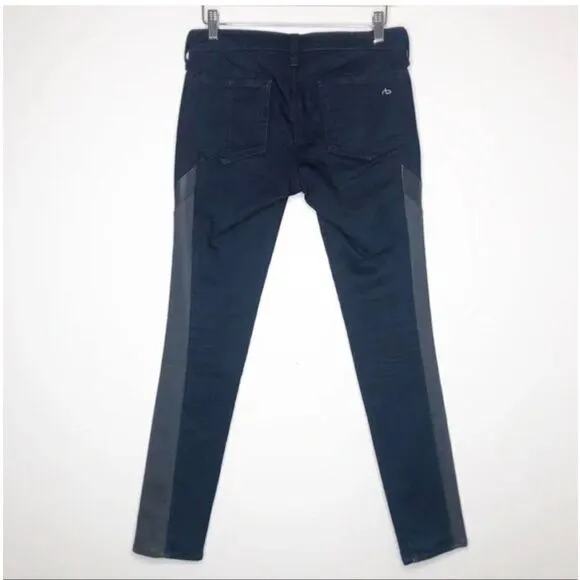 Rag &amp; Bone Grand Prix Motocross Skinny Jean Leather Trim Dark Indigo Size: 29