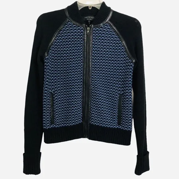 Rag &amp; Bone Sabina lamb Leather Trimmed Sweater Knit Bomber Jacket Size XS